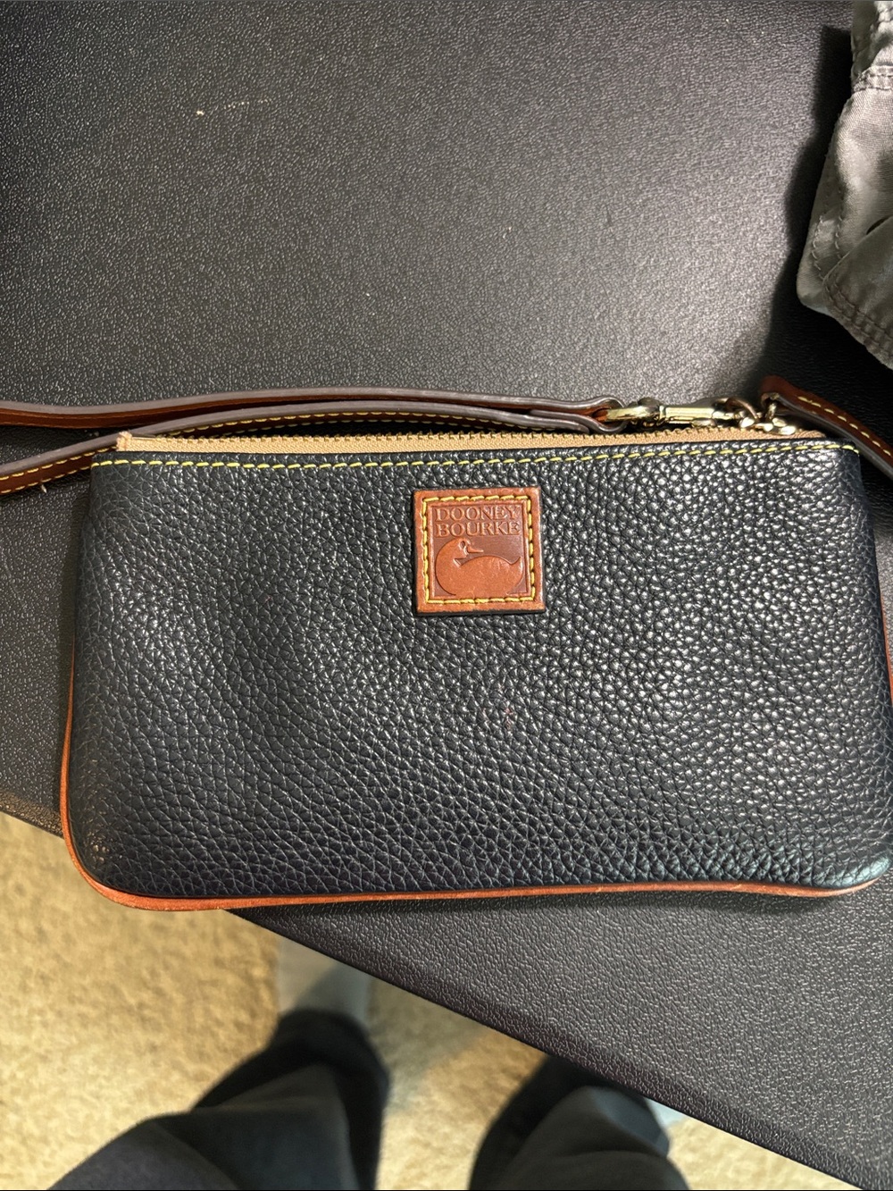 Dooney & Bourke Black Pebbled Leather Wristlet with Brown Trim